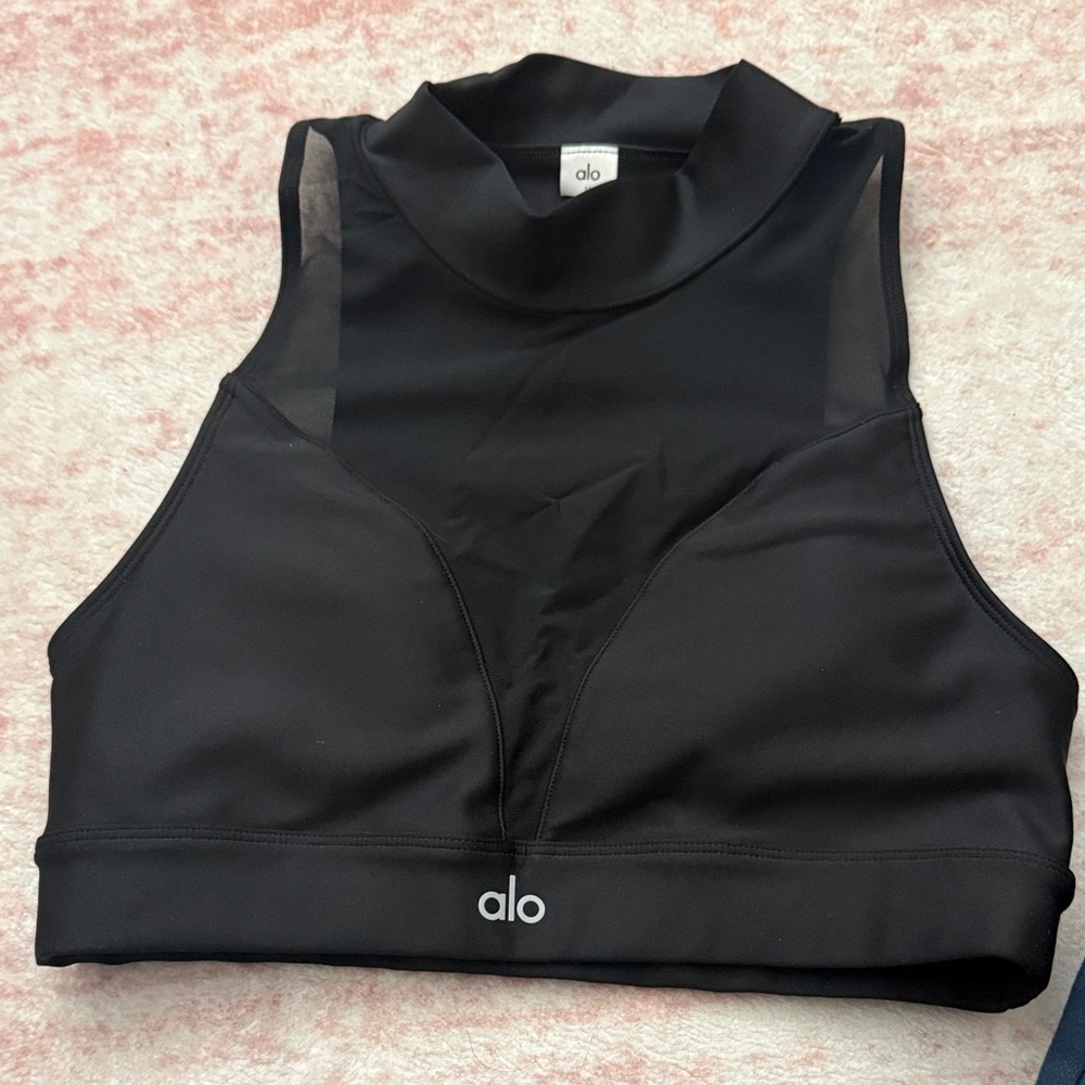 ALO Yoga Black High Neck Mesh-Accent Sports Bra